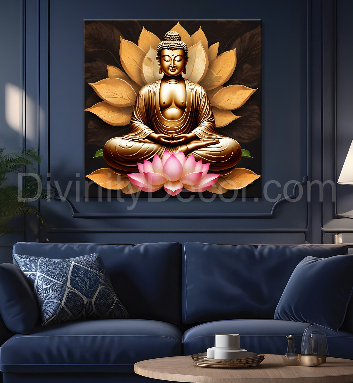 Golden buddha sitting on lotus textured background  24x24 inch Buddha-S-203