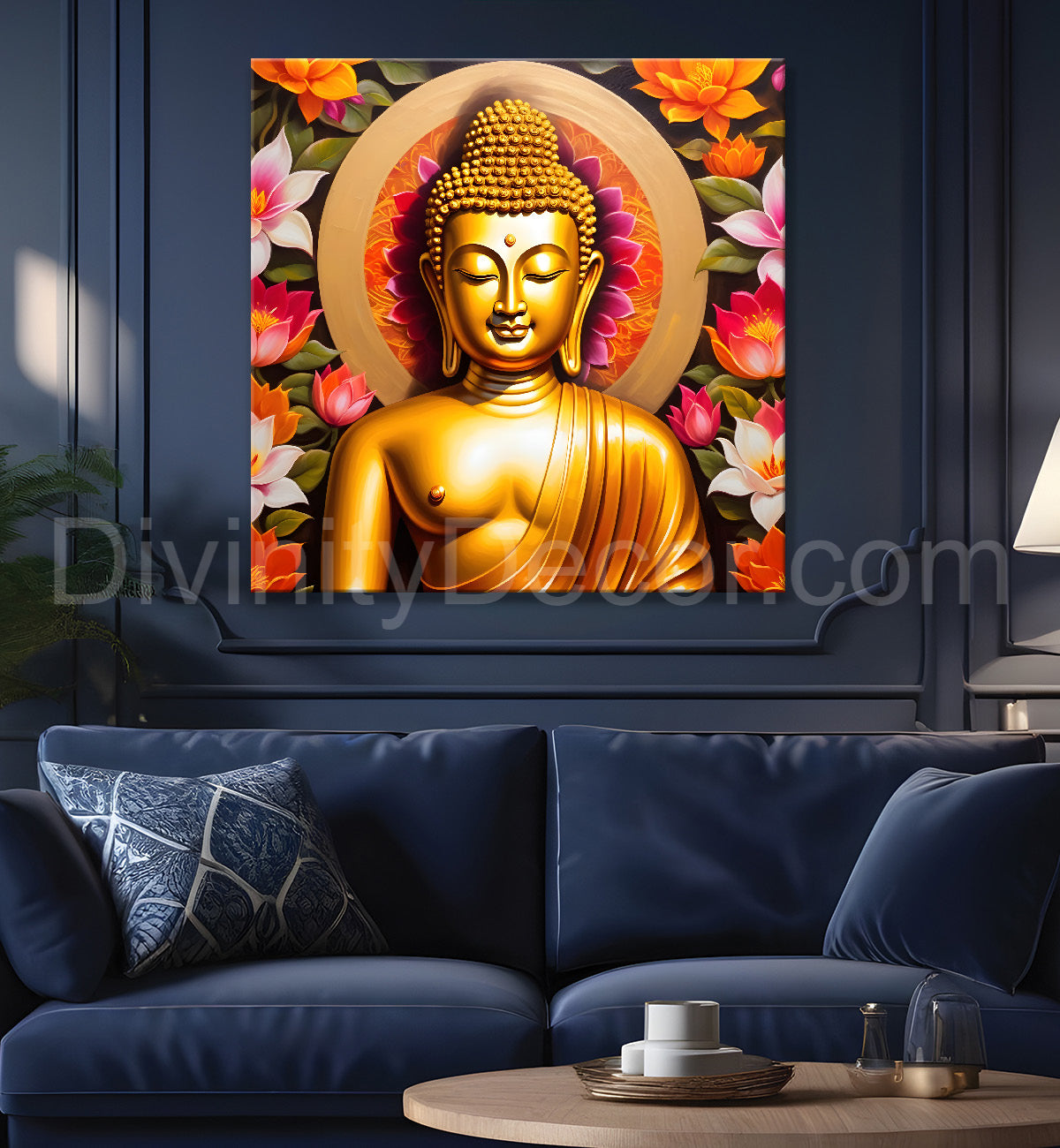 Golden buddha with lotuses background 24x24 inch Buddha-S-204