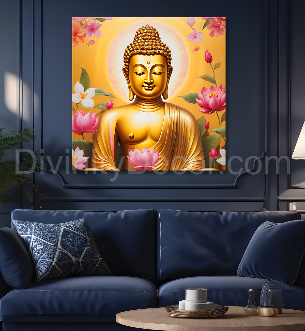 Golden buddha with lotuses background 24x24 inch Buddha-S-205