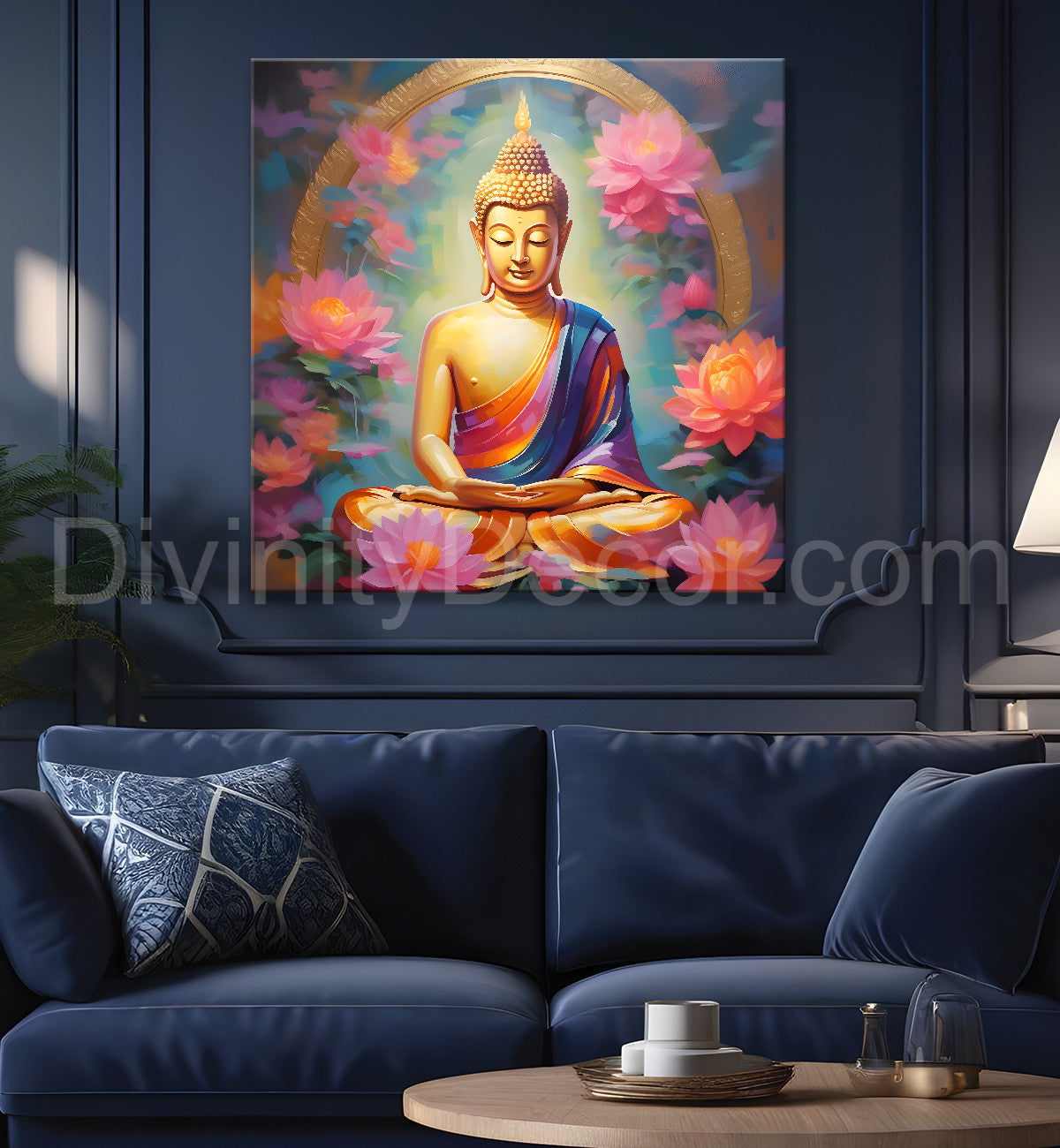 Golden buddha with lotuses background 24x24 inch Buddha-S-206