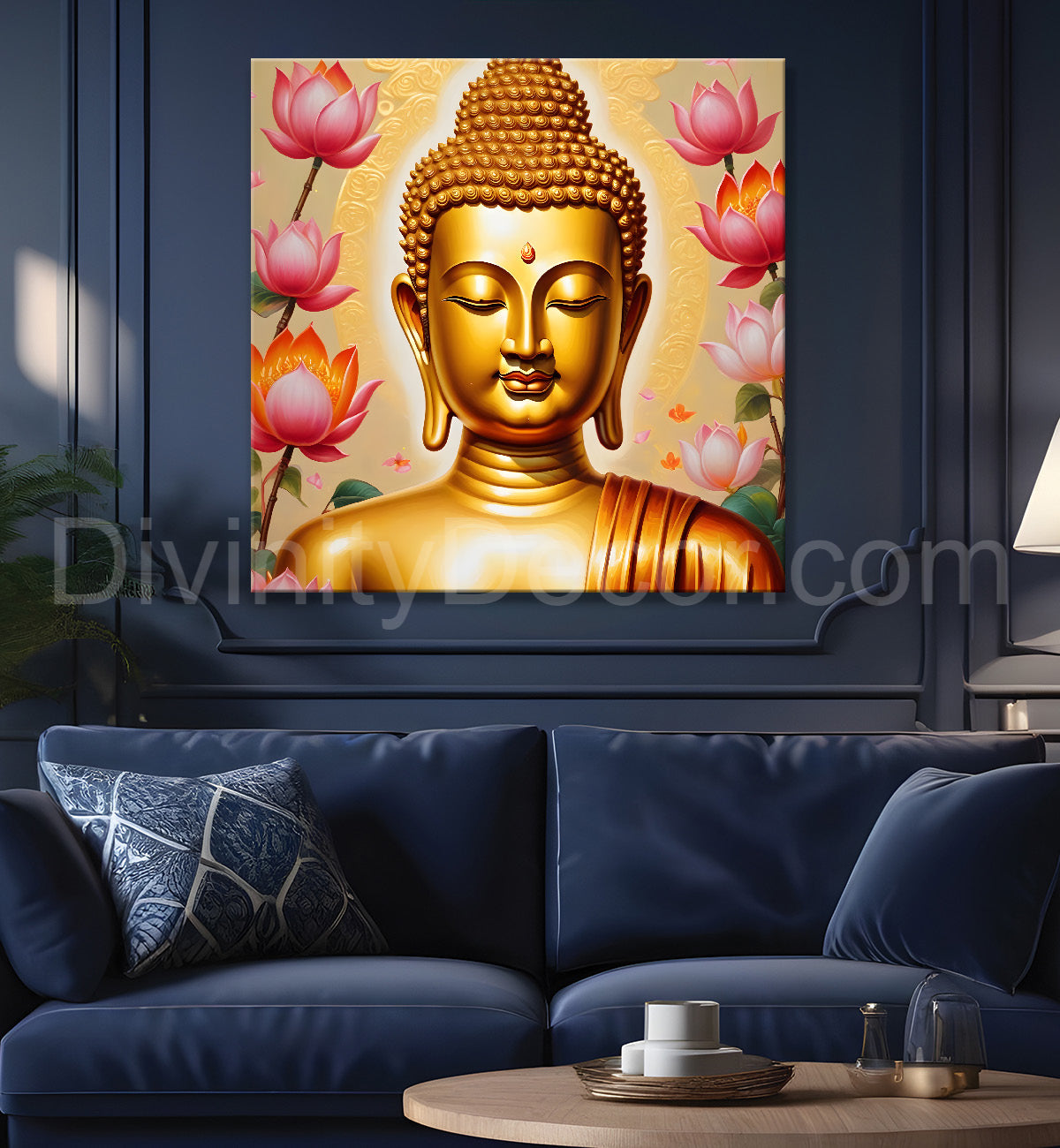 Golden buddha with lotuses background   24x24 inch Buddha-S-208