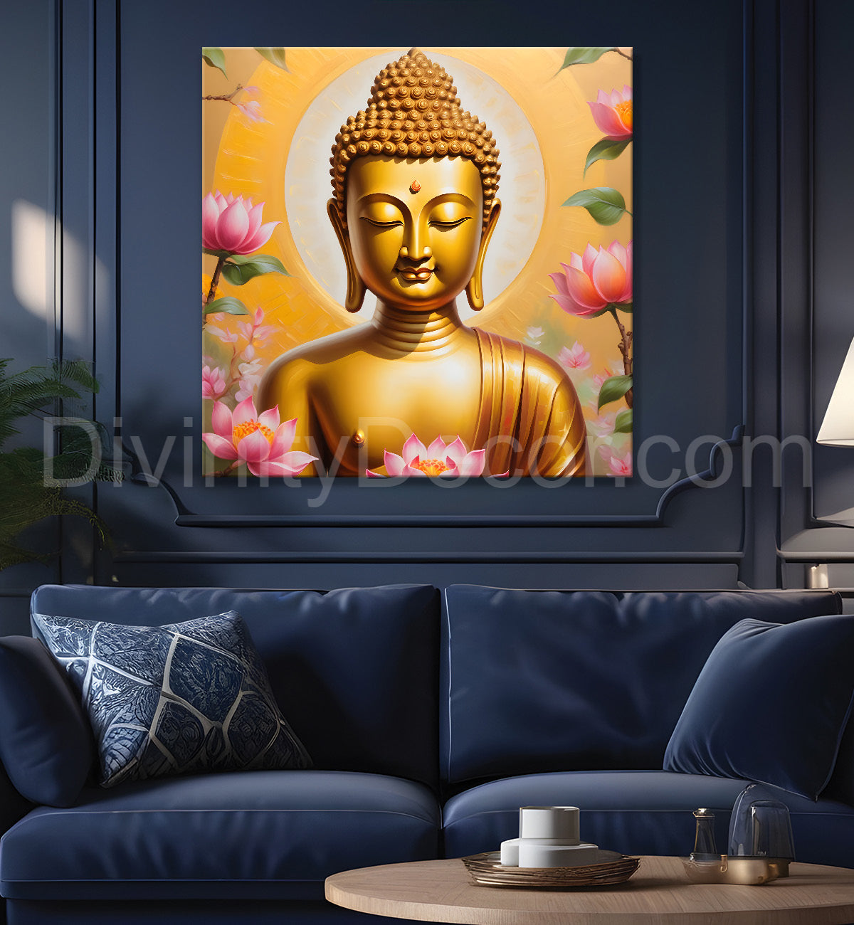 Golden buddha with lotuses background  24x24 inch Buddha-S-209