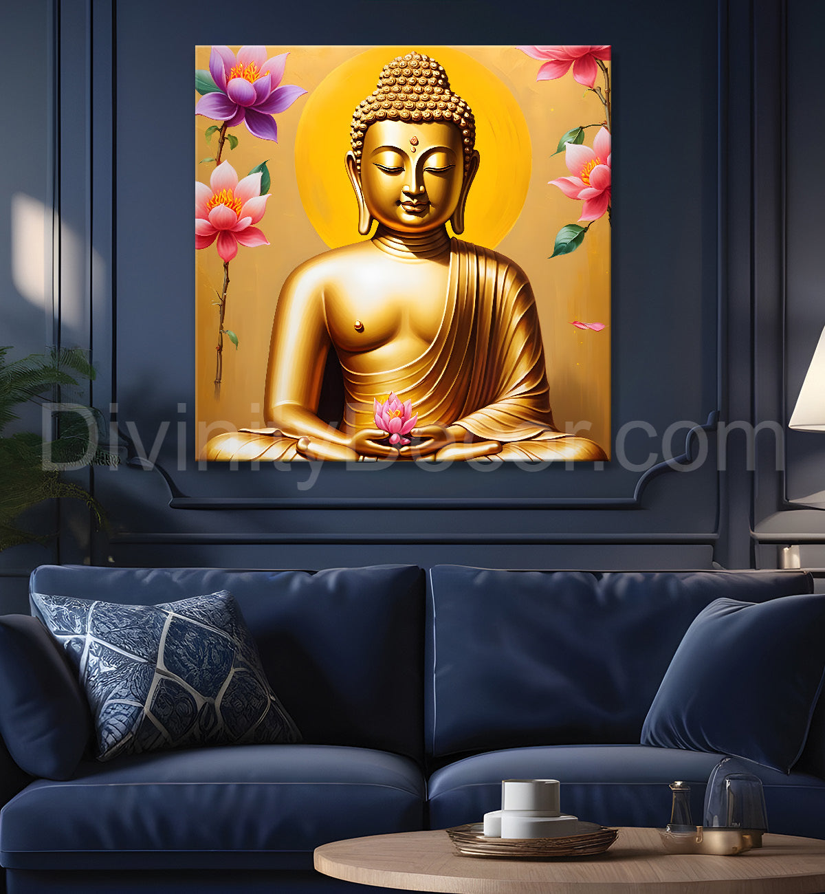 Golden buddha with lotuses background  24x24 inch Buddha-S-210