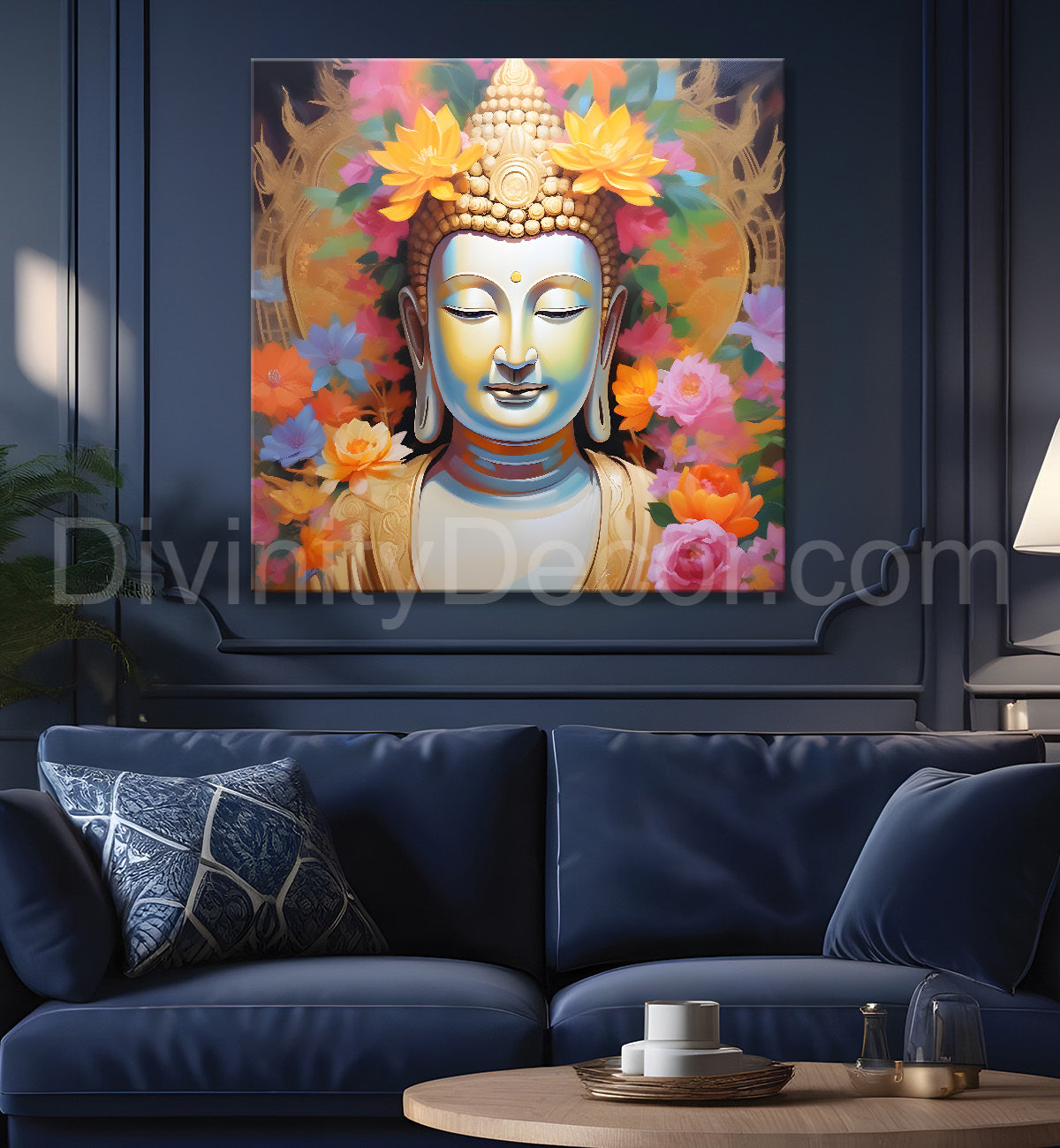 White face of buddha with lotuses background 24x24 inch Buddha-S-211