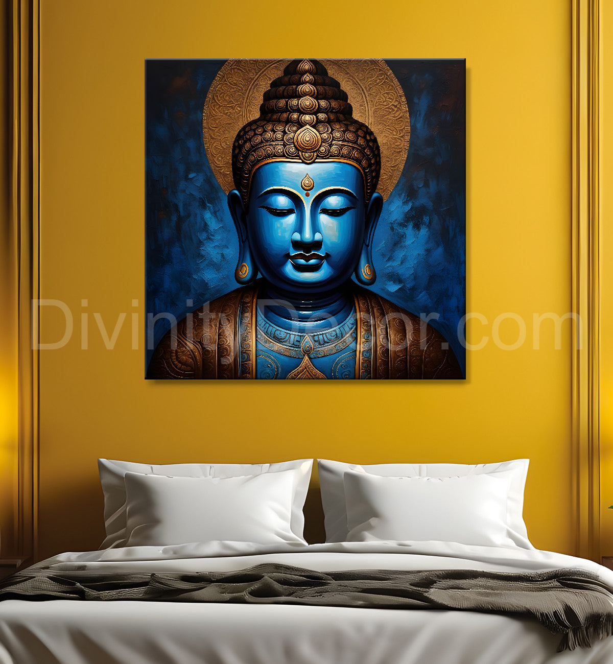 Golden buddha with blue background textured painting 24x24 inch Buddha-S-4