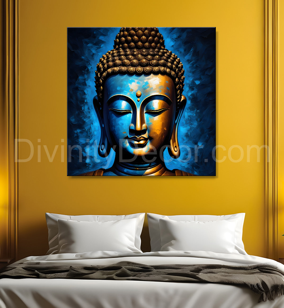 Golden buddha with blue background textured painting 24x24 inch Buddha-S-6