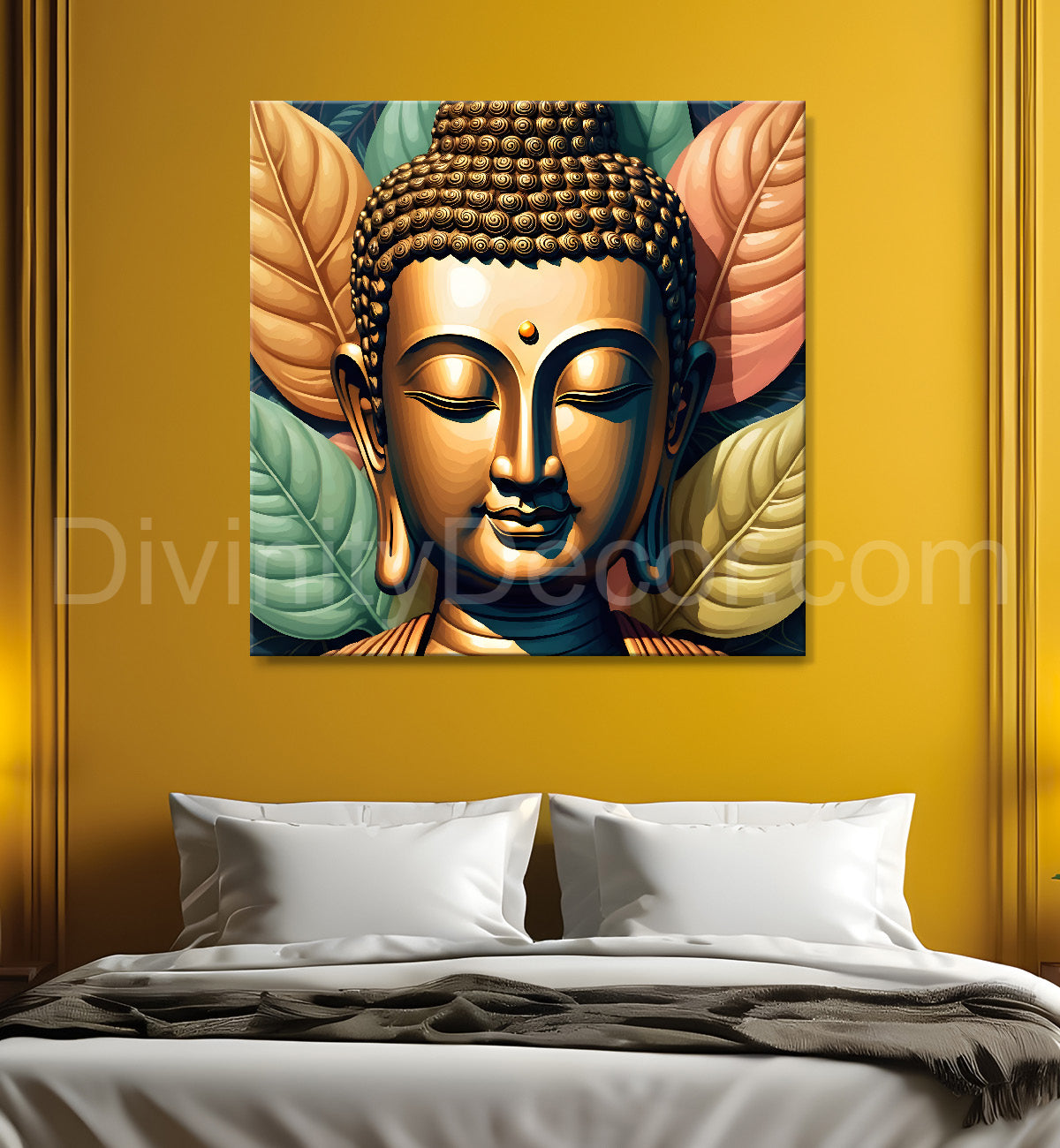 Golden Buddha Painting with leaf 24x24 inch Buddha-S-23