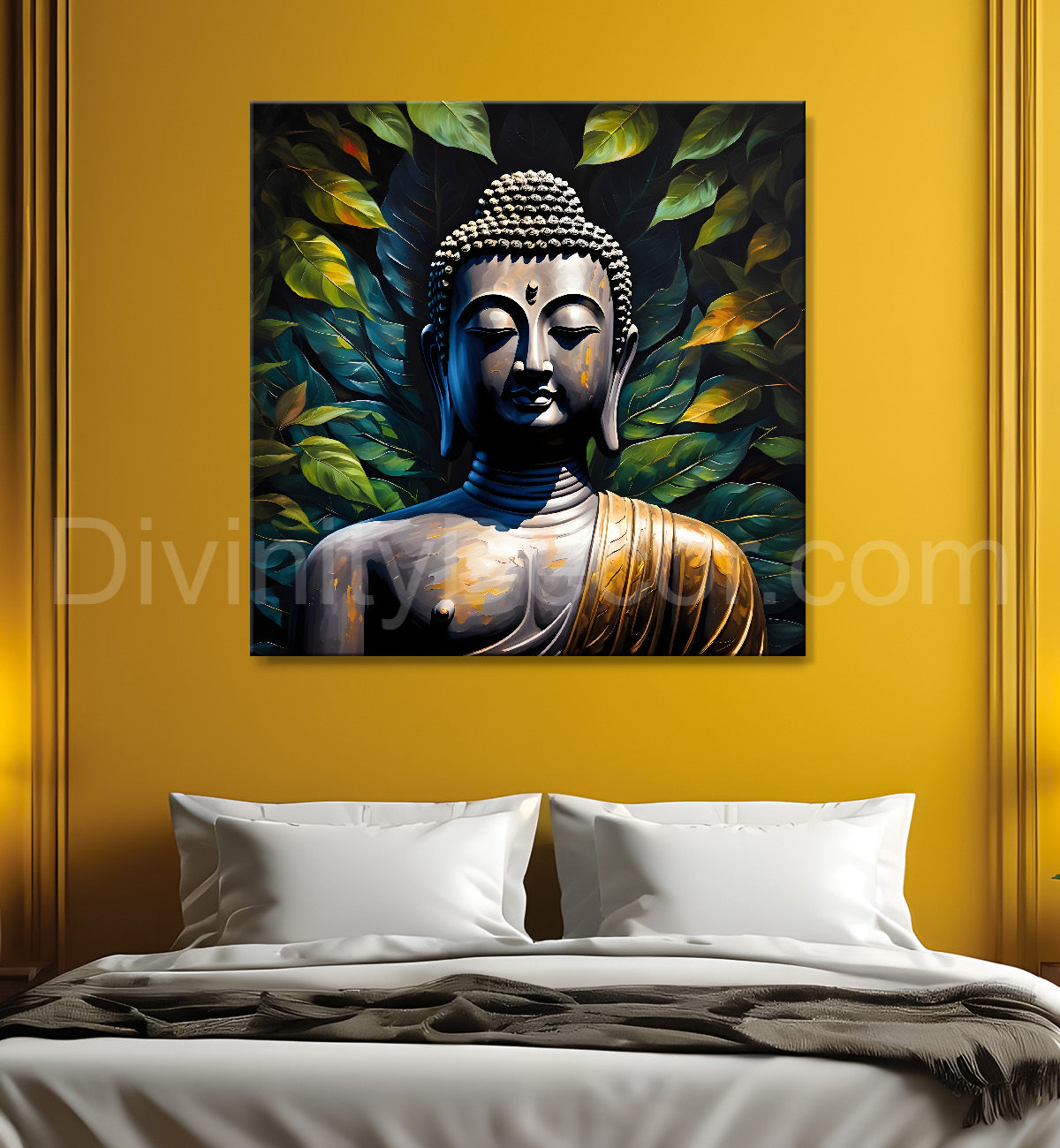 Golden Buddha Painting with leaf 24x24 inch Buddha-S-27