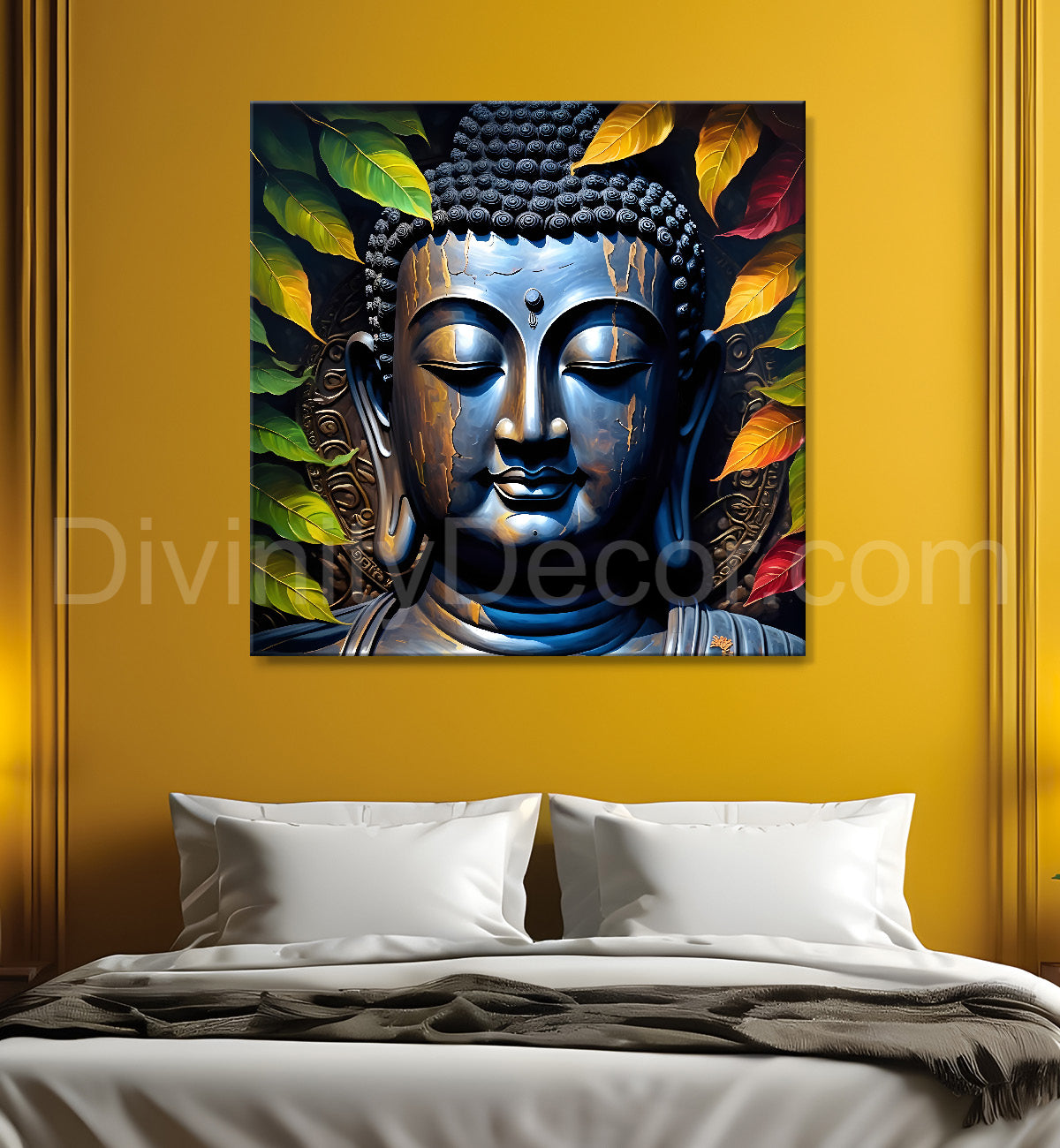 Golden Buddha Painting with leaf 24x24 inch Buddha-S-28