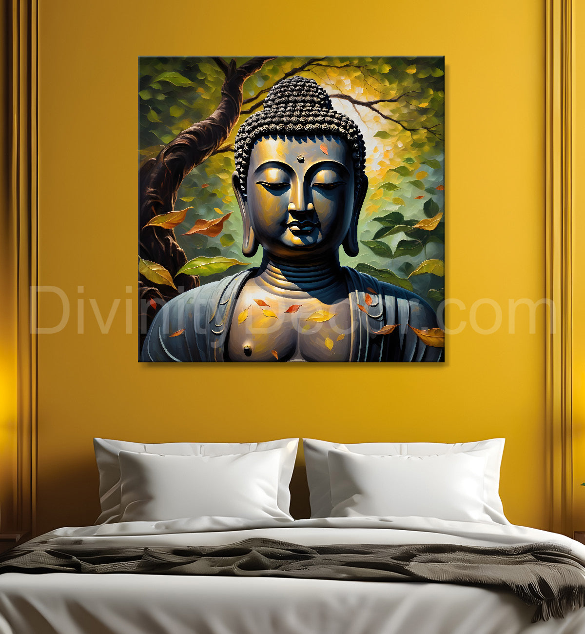 Golden Buddha Painting with leaf 24x24 inch Buddha-S-29