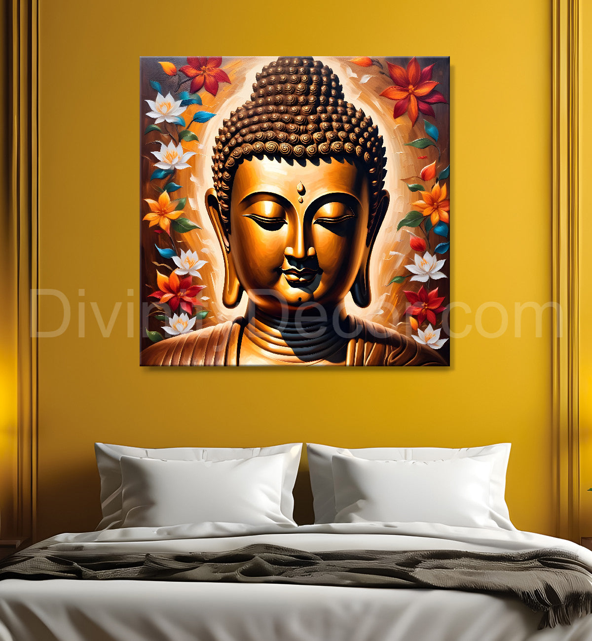 Golden buddha with multicolor flowers painting 24x24 inch Buddha-S-68