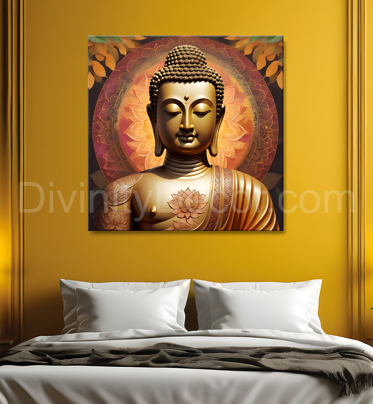 Buddha Painting Dark brown with flower mandala 24x24 inch Buddha-S-70