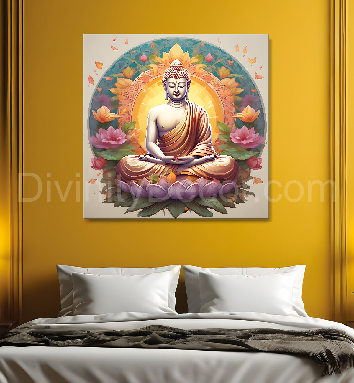 Buddha Painting Pestal color sitting on lotus flower 24x24 inch Buddha-S-72