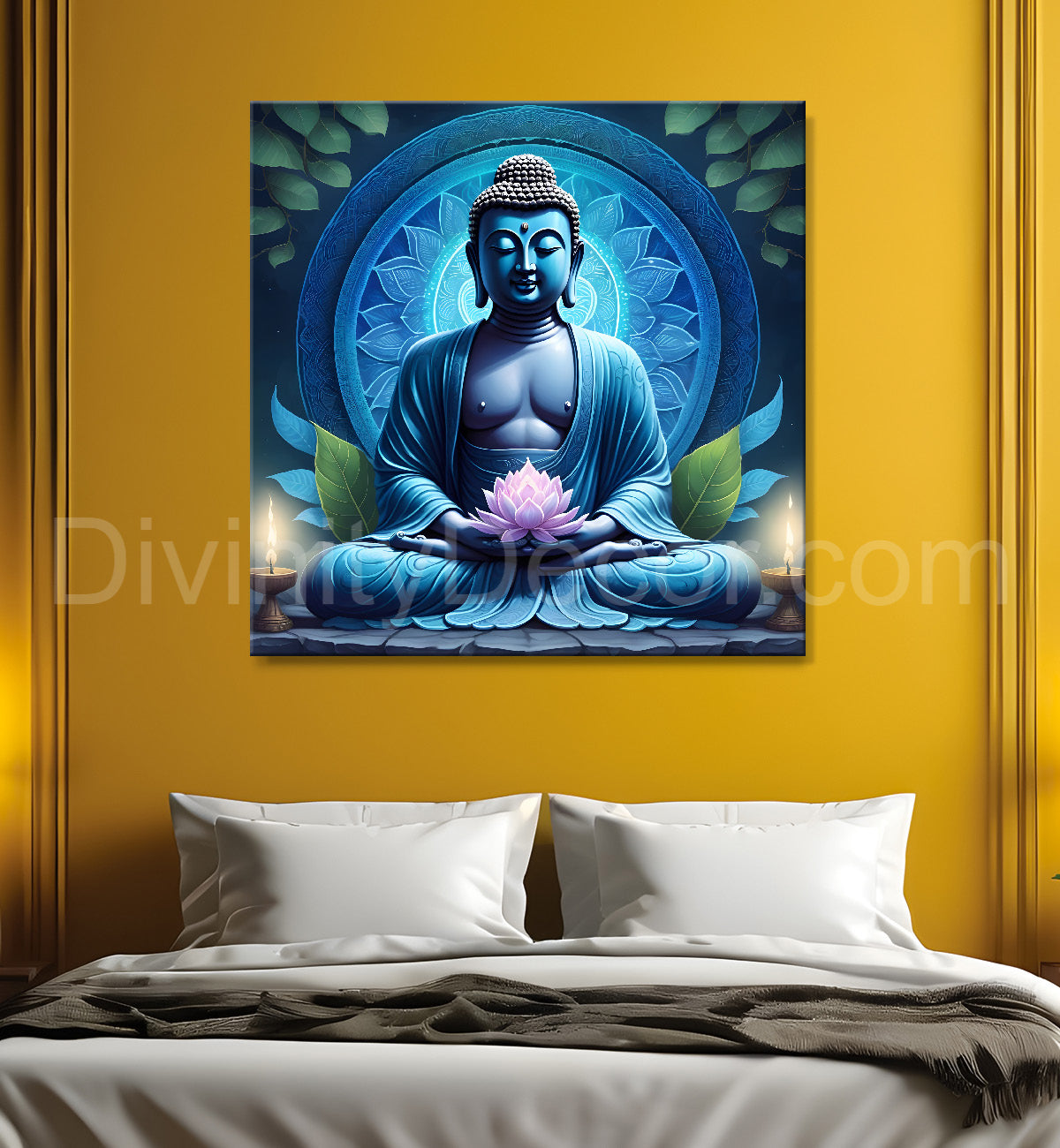 Dark Blue Buddha Painting with lotus flower 24x24 inch Buddha-S-73