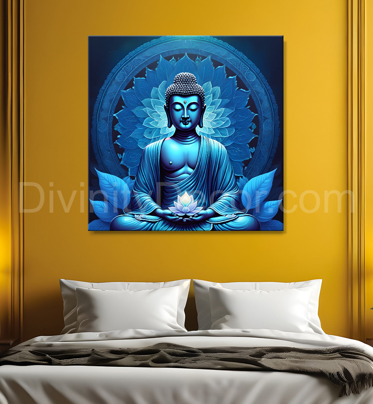 Dark Blue Buddha Painting with lotus flower 24x24 inch Buddha-S-74