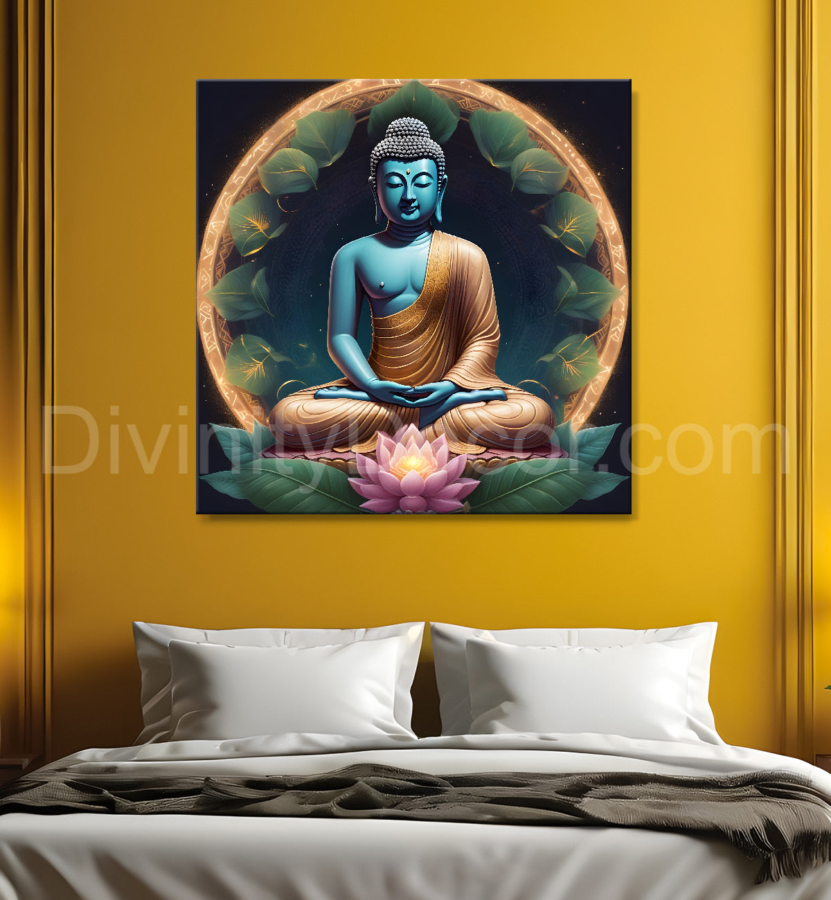 Dark green and blue buddha painting with lotus 24x24 inch Buddha-S-79