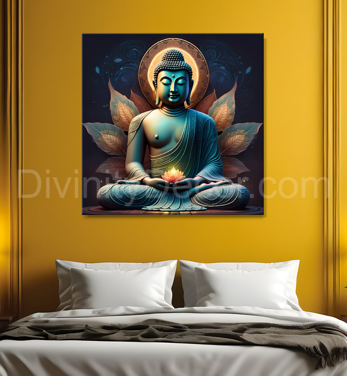 Dark green and blue buddha painting with lotus 24x24 inch Buddha-S-80
