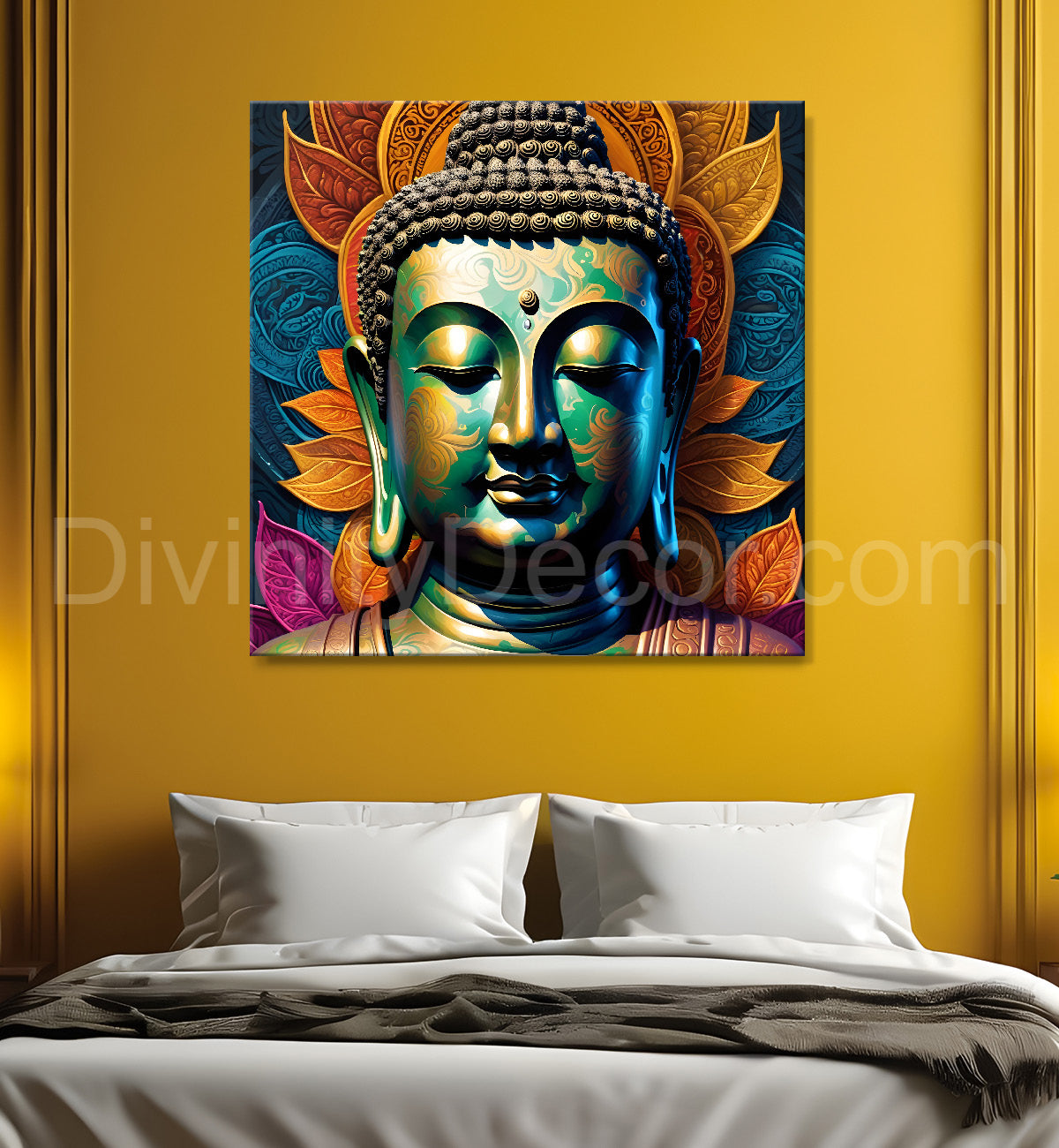 Dark green and blue buddha painting with lotus 24x24 inch Buddha-S-81