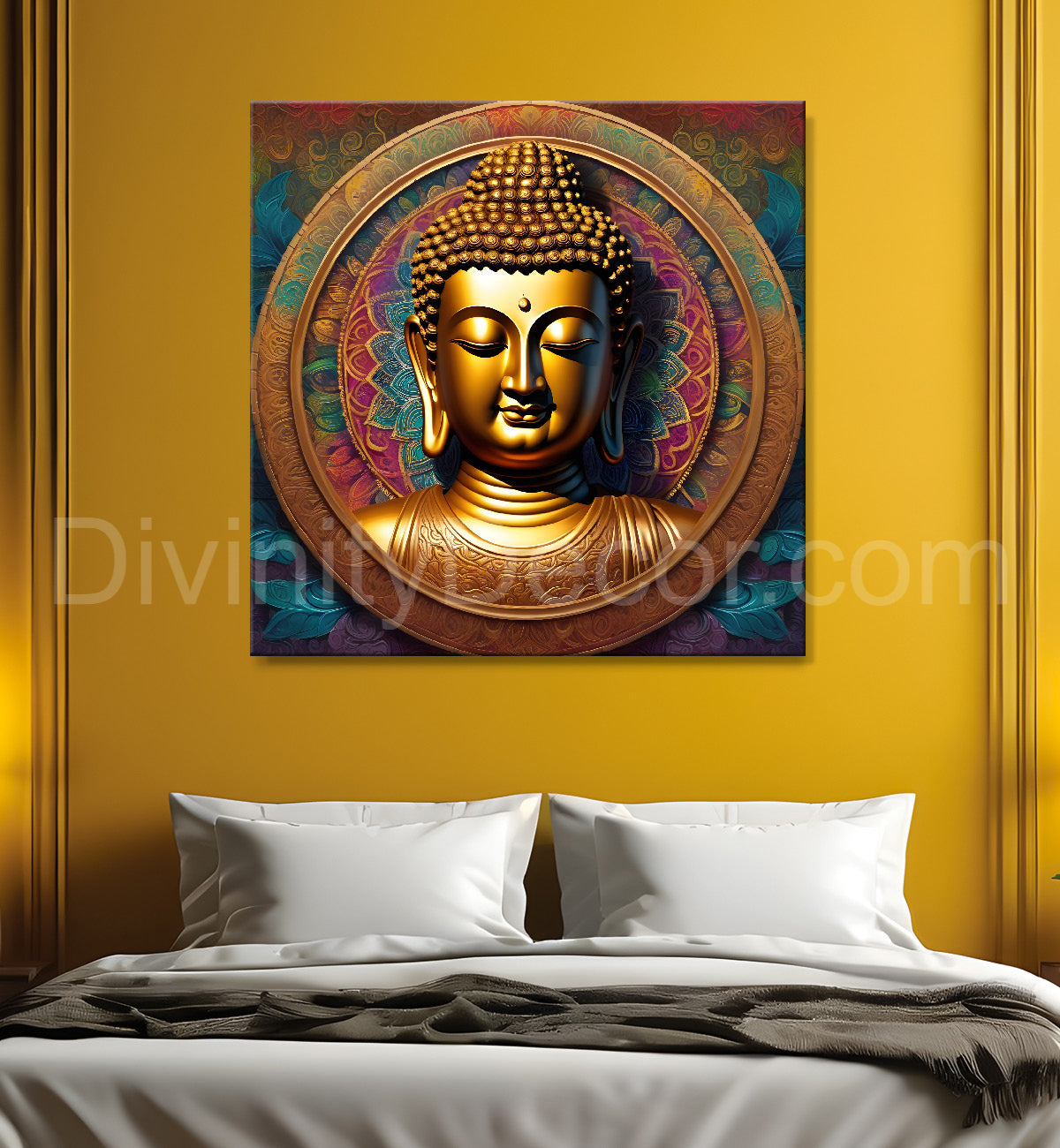 Dark green and blue buddha painting with lotus 24x24 inch Buddha-S-82