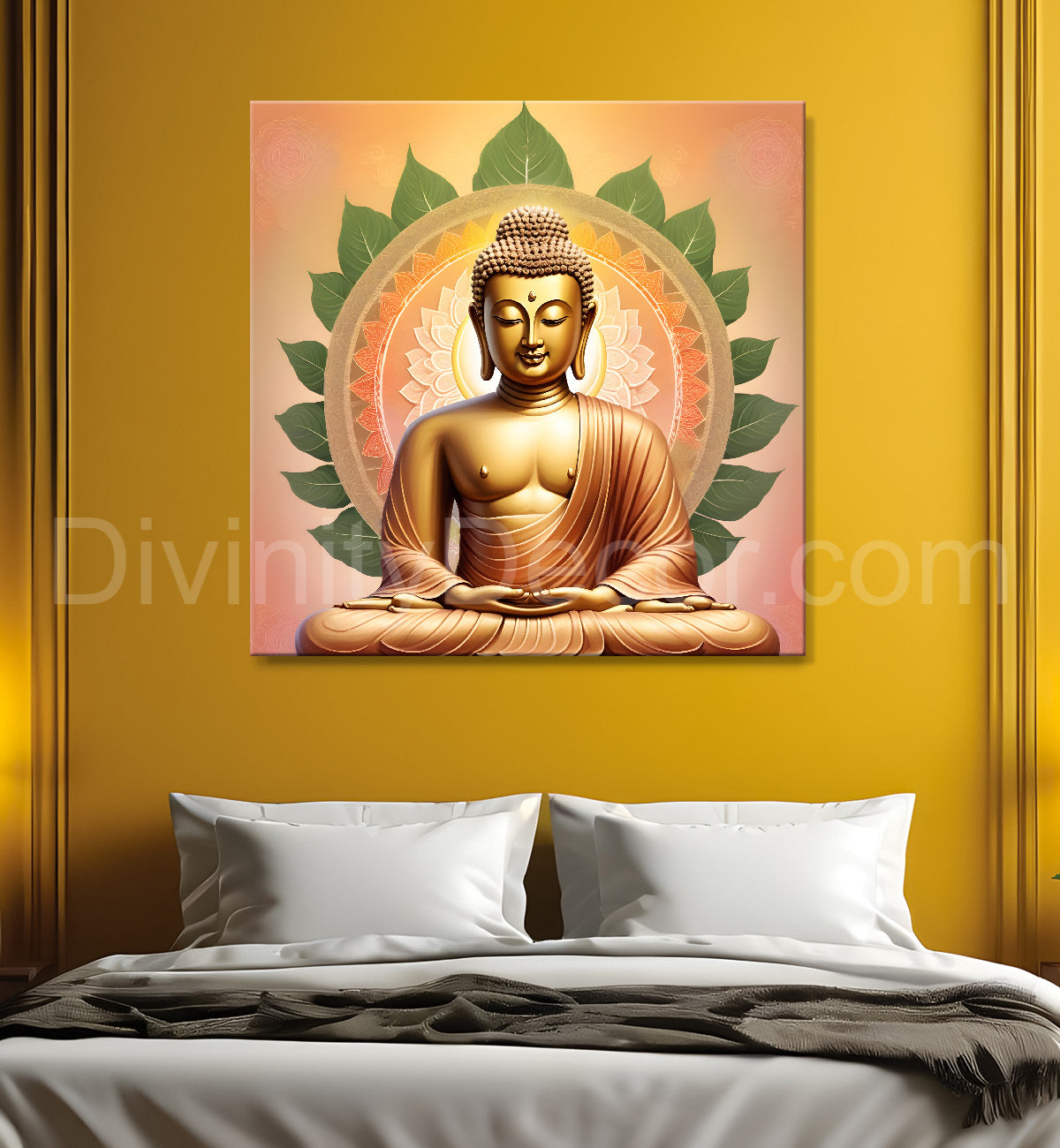 Golden buddha with floral mandal pestal painting 24x24 inch Buddha-S-84