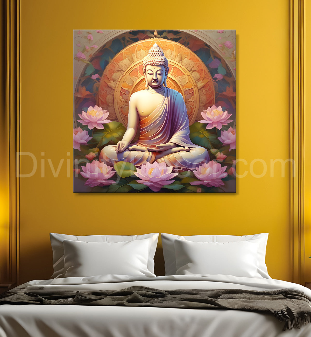Golden buddha with floral mandal pestal painting 24x24 inch Buddha-S-85