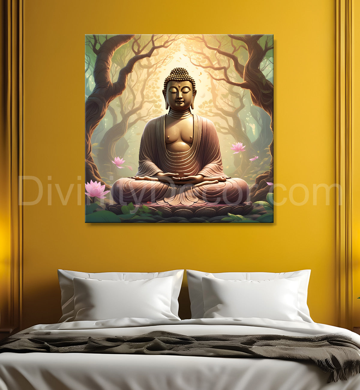 Golden buddha stachue in forest painting 24x24 inch Buddha-S-88