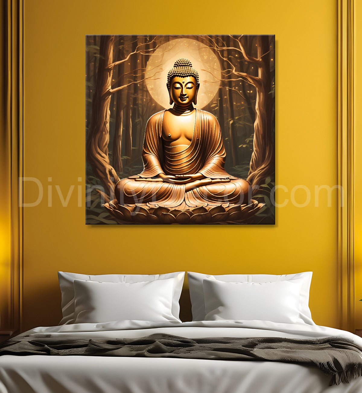 Golden buddha stachue in forest dark brown painting 24x24 inch Buddha-S-90