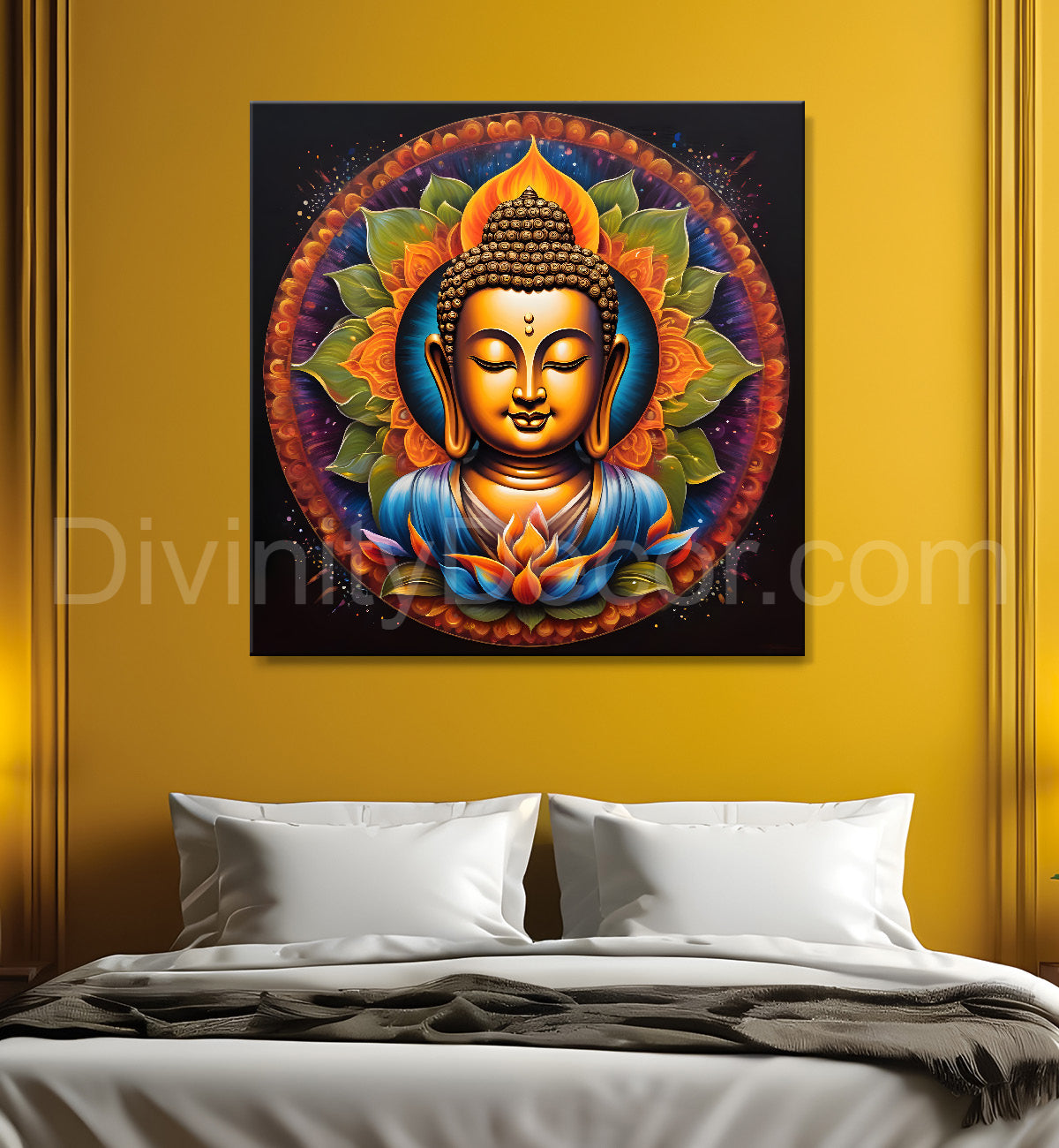 Buddha painting Golden Blue Dark Mandala Floral 24x24 inch Buddha-S-97