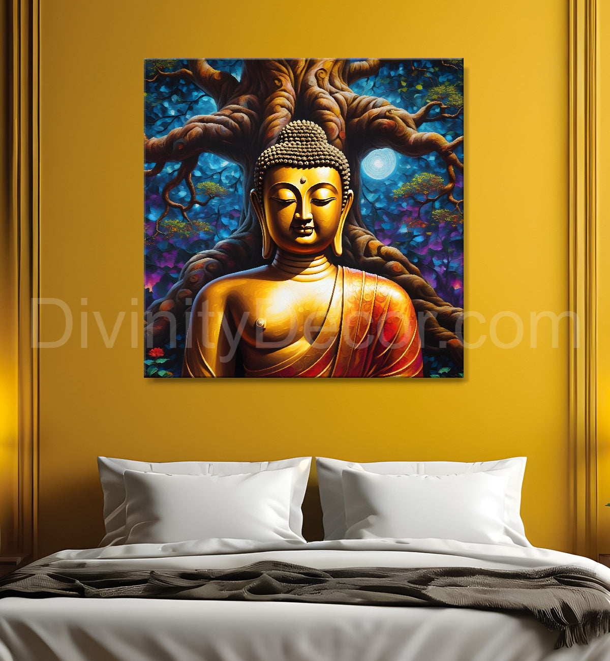 Golden Buddha painting with Dark Tree 24x24 inch Buddha-S-98