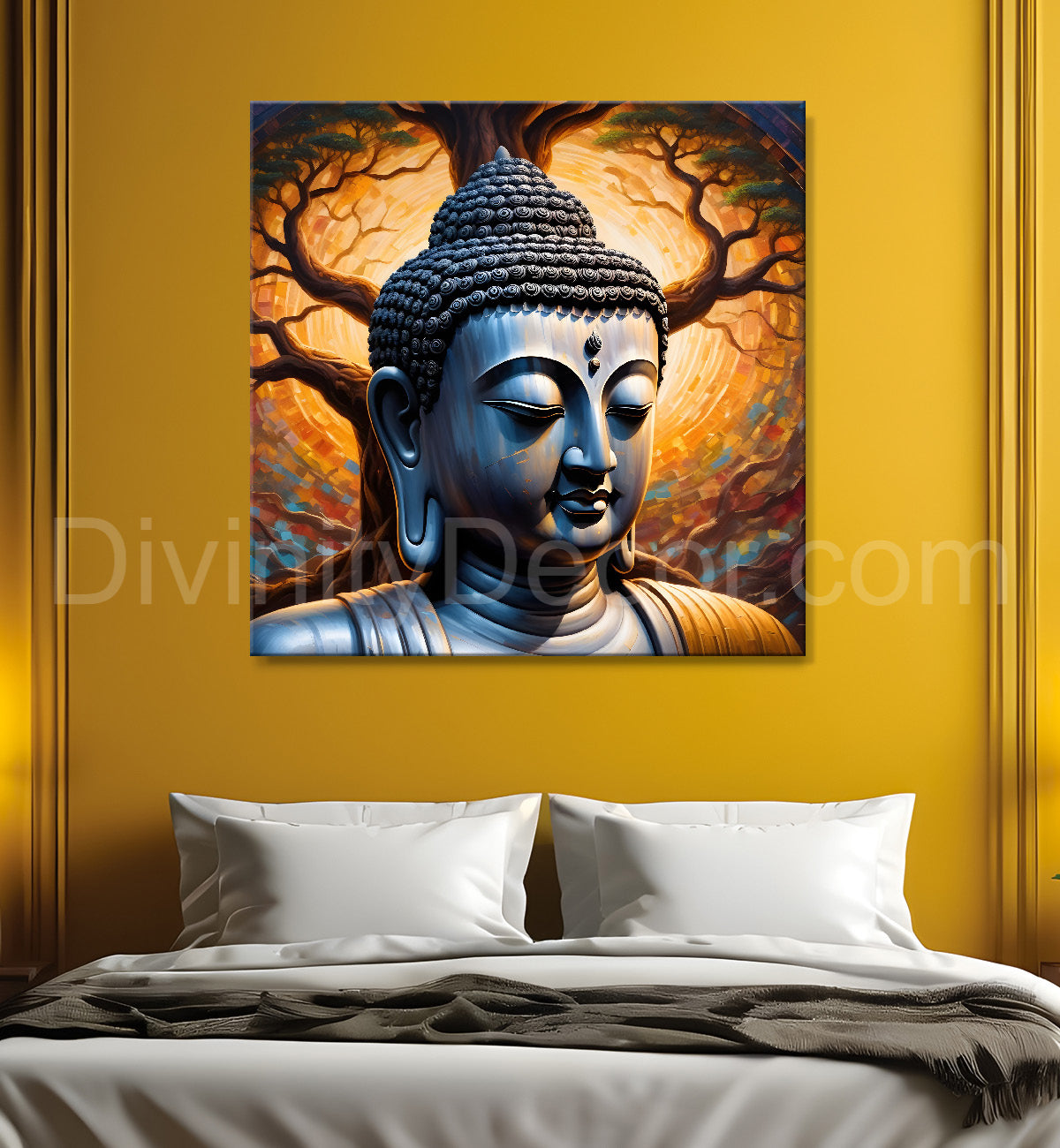 Metal Finish Buddha Painting with Tree 24x24 inch Buddha-S-99