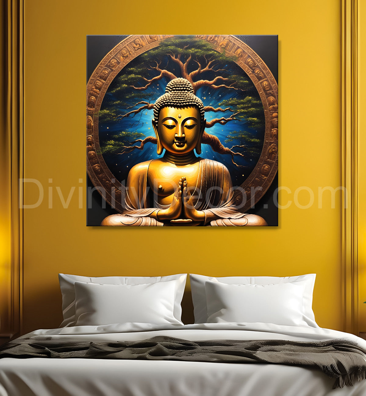Golden Buddha Painting with Blue background with tree 24x24 inch Buddha-S-100