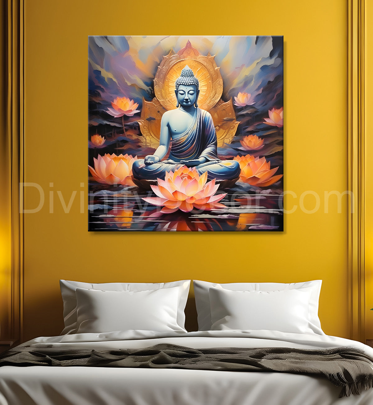 White Buddha painting with lotus flower 24x24 inch Buddha-S-102