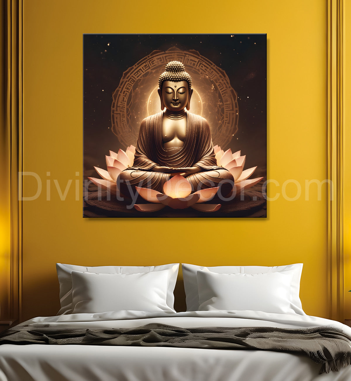 Buddha Painting Dark Brown Theme with Lotus 24x24 inch Buddha-S-104