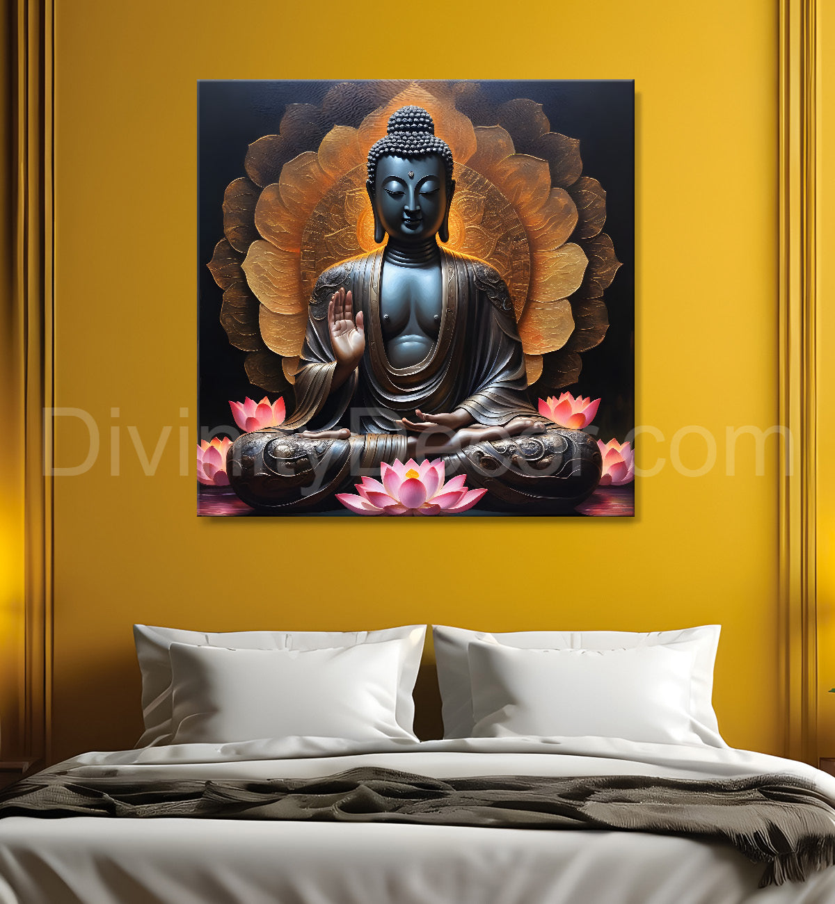Buddha Painting Dark Brown Theme with Lotus 24x24 inch Buddha-S-105