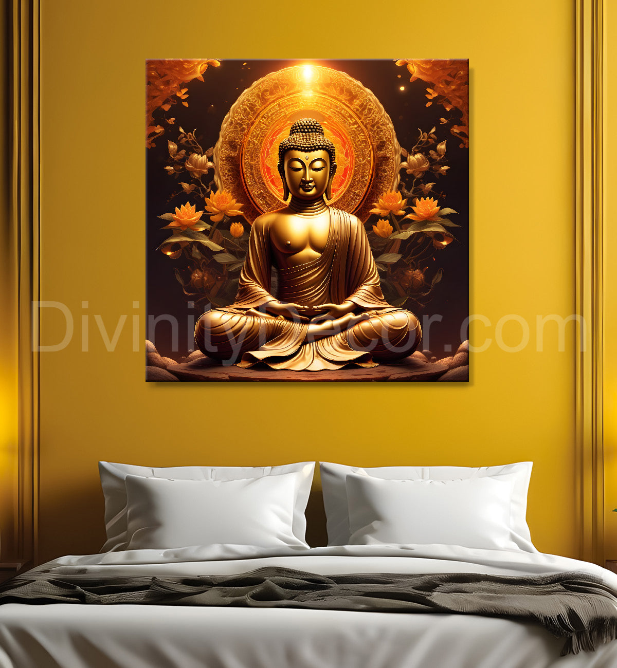 Buddha Painting Dark Brown Theme with Lotus 24x24 inch Buddha-S-106