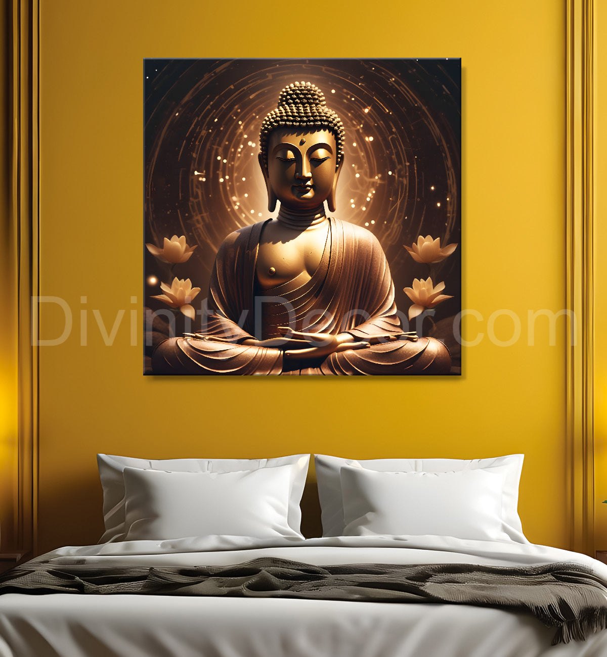 Buddha Painting Dark Brown Theme with Lotus 24x24 inch Buddha-S-107