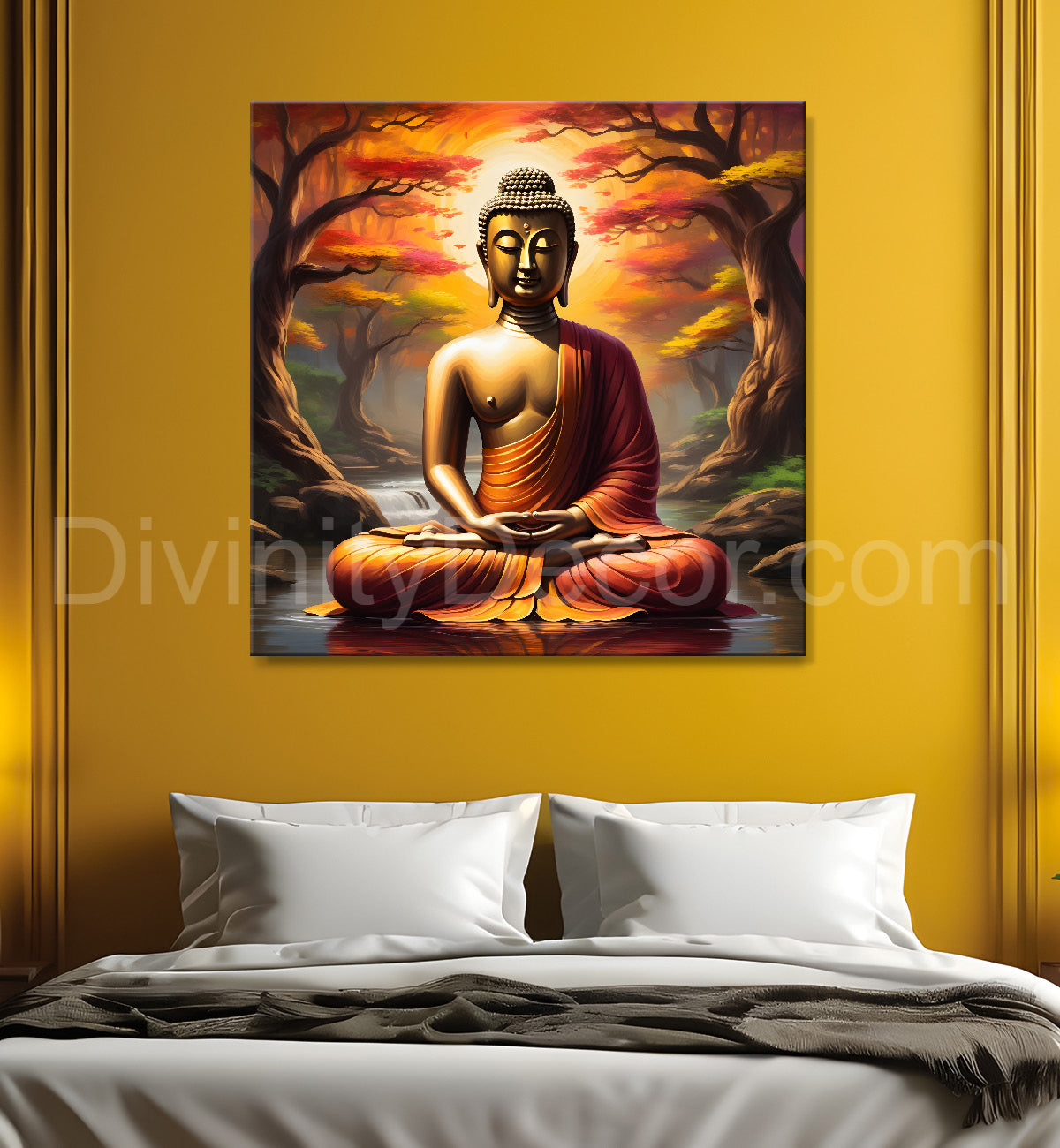 Golden Buddha Sitting under the tree in forest Painting 24x24 inch Buddha-S-109