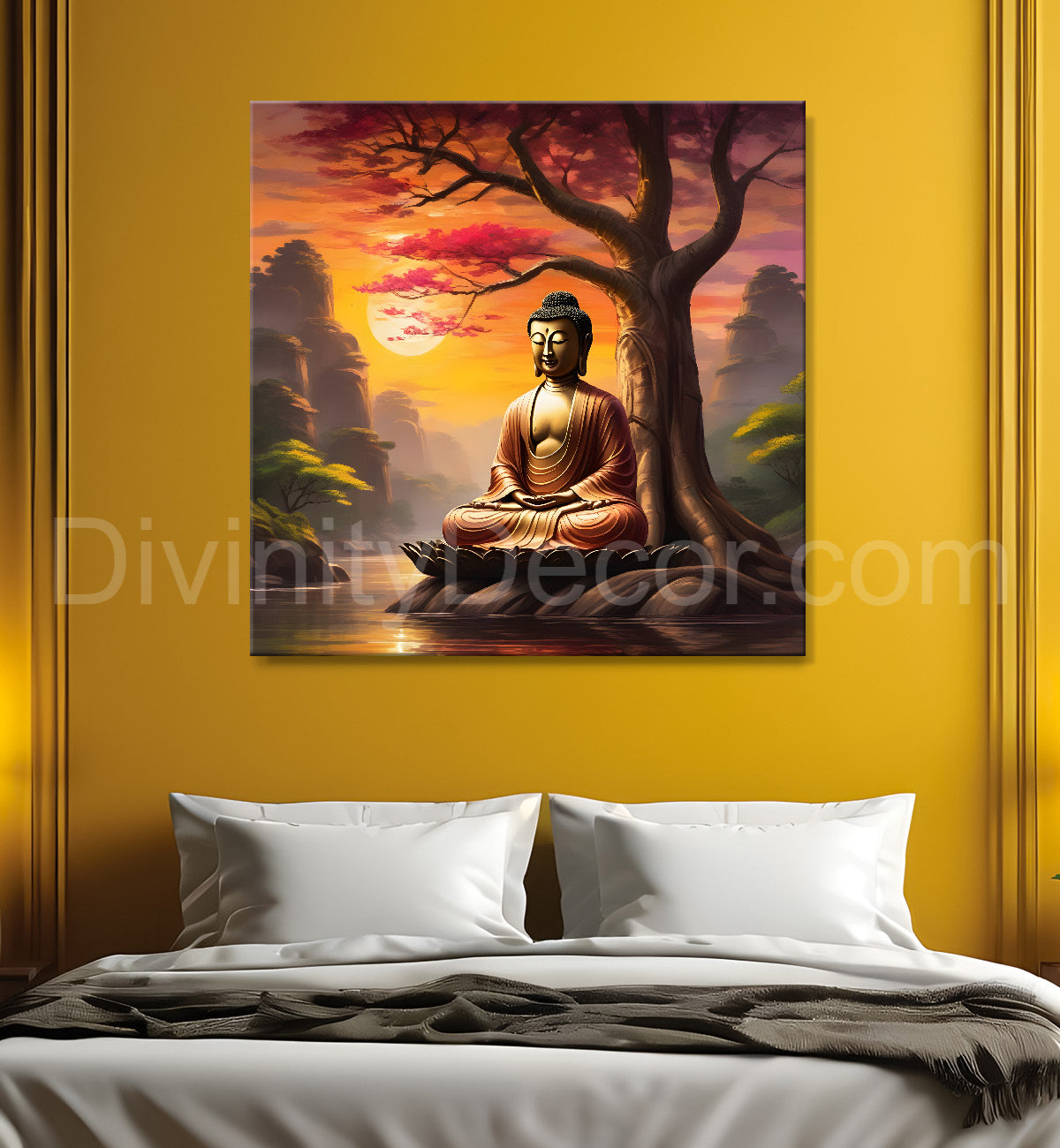 Lord Buddha Sitting under tree sunrise painting 24x24 inch Buddha-S-110