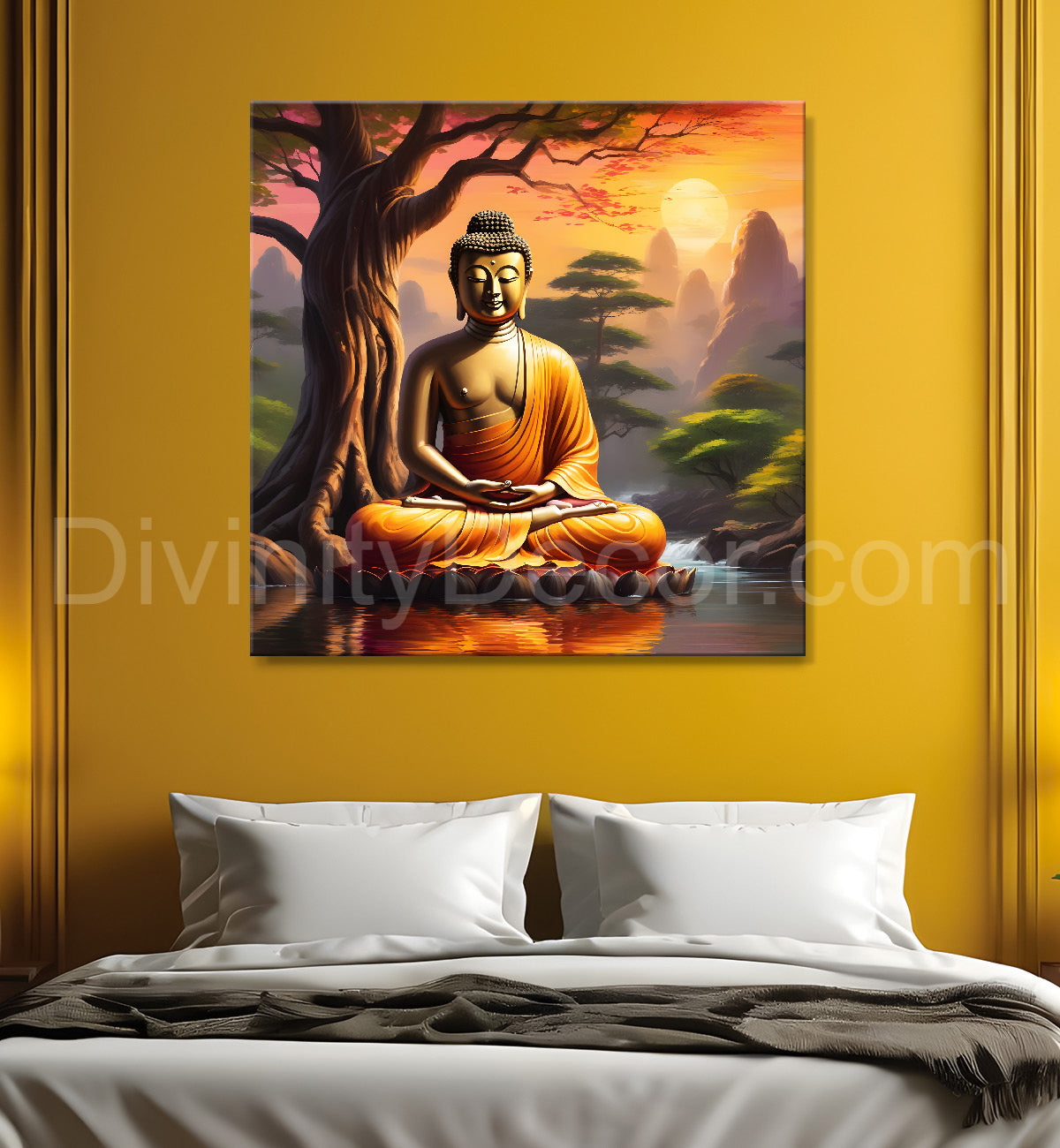 Lord Buddha Sitting under tree sunrise painting 24x24 inch Buddha-S-111