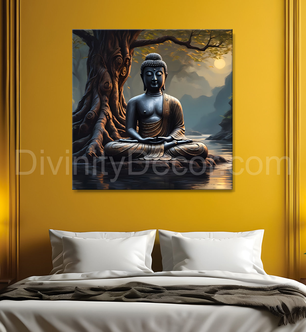 Lord Buddha Sitting under tree sunrise painting 24x24 inch Buddha-S-112