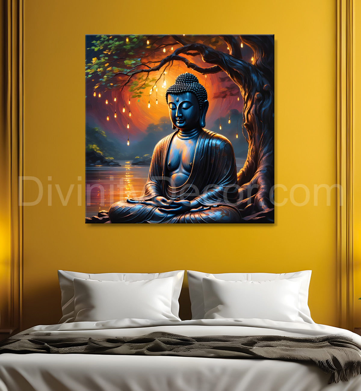 Lord Buddha Sitting under tree sunrise painting 24x24 inch Buddha-S-116