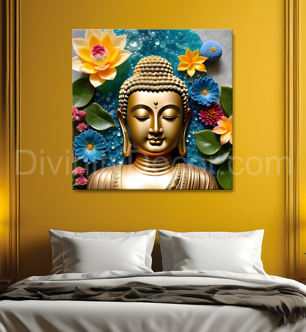Lord Buddha Rasin art marble finish Golden painting 24x24 inch Buddha-S-140