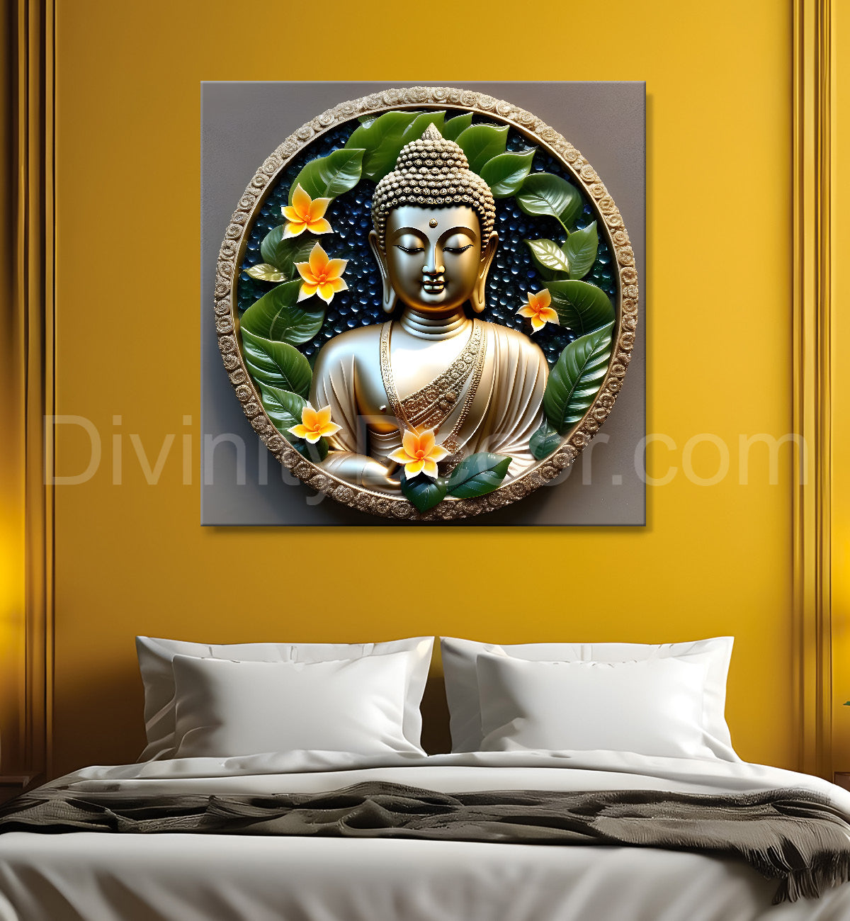 Lord Buddha with leaf and flower Rasin art marble finish Golden painting 24x24 inch Buddha-S-152