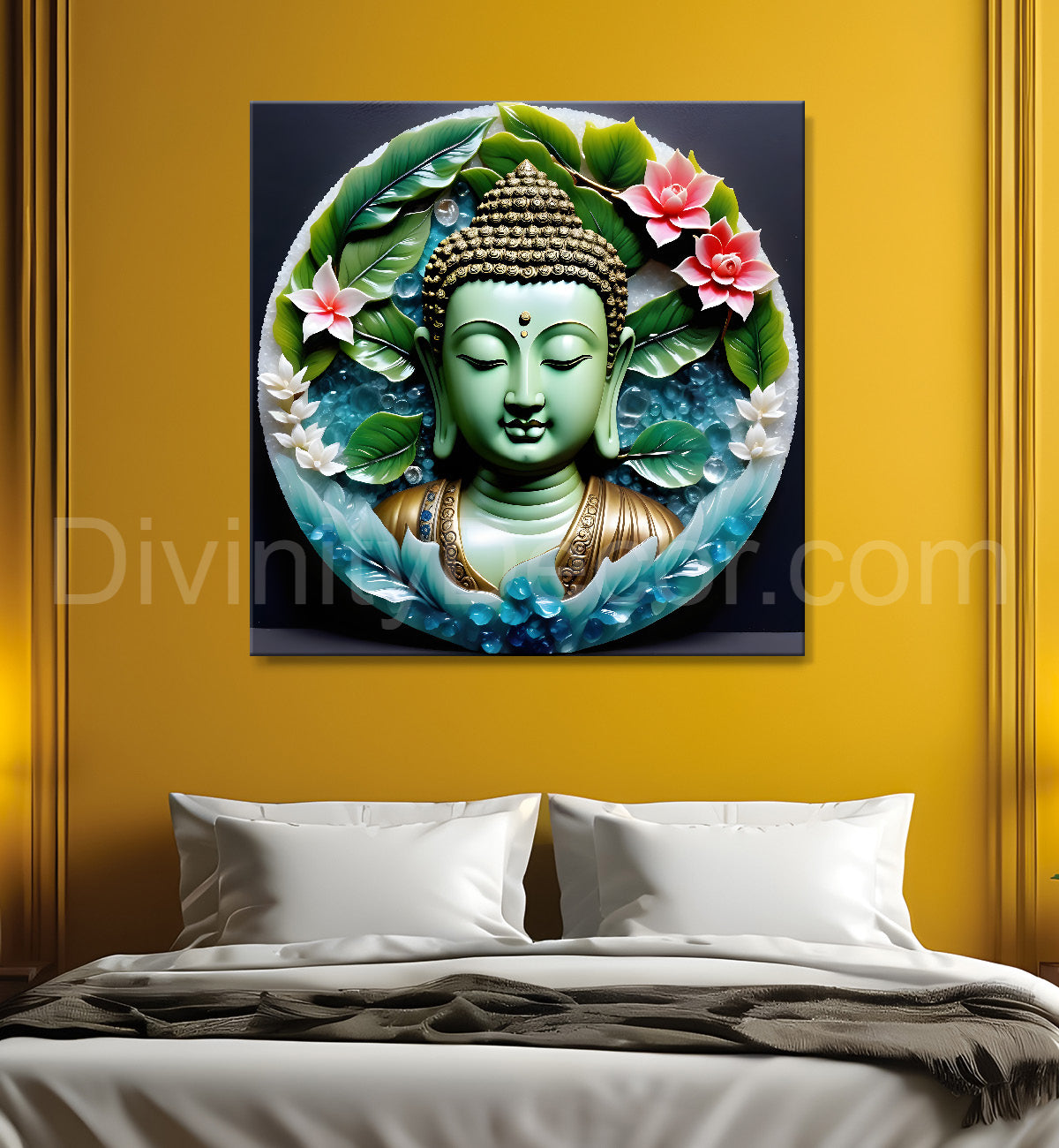 Lord Buddha with leaf and flower Rasin art marble finish Golden painting 24x24 inch Buddha-S-153