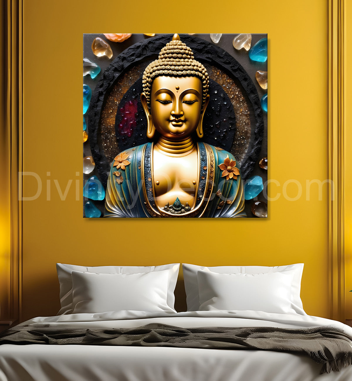 Lord Buddha with leaf and flower Rasin art marble finish Golden painting 24x24 inch Buddha-S-154