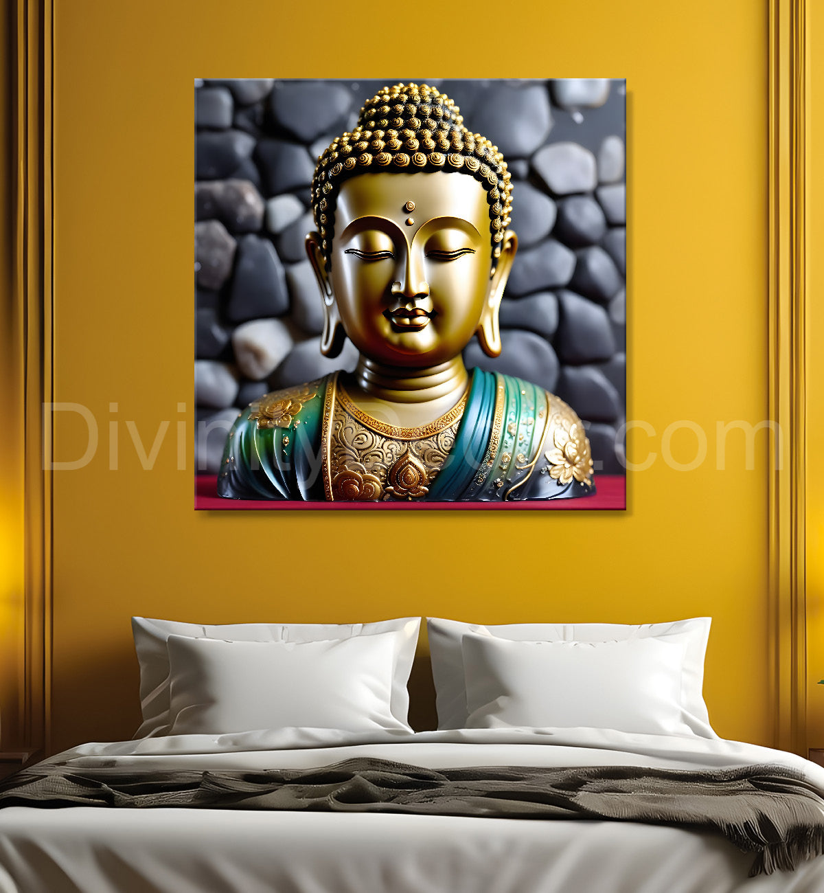 Lord Buddha with leaf and flower Rasin art marble finish Golden painting 24x24 inch Buddha-S-155