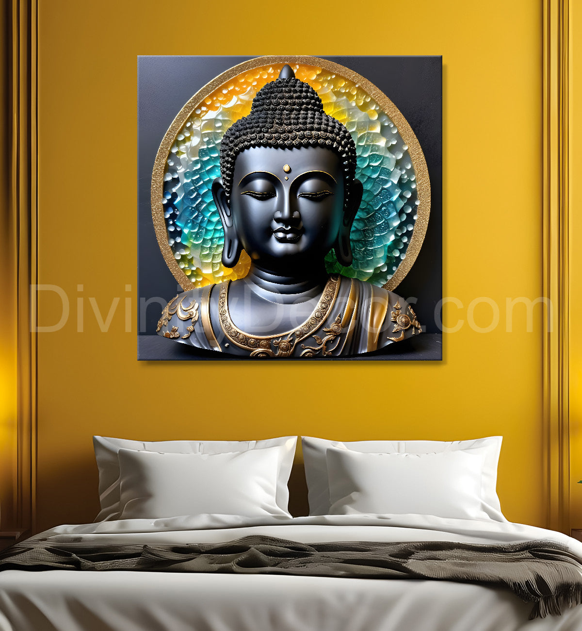 Lord Buddha Rasin art marble finish Golden painting 24x24 inch Buddha-S-157