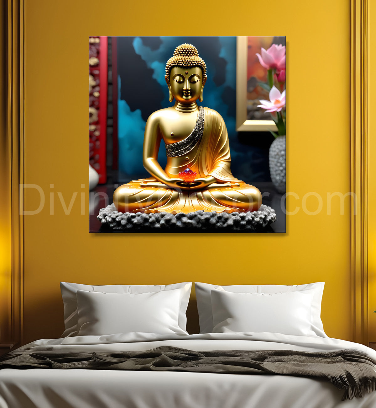Lord Buddha Rasin art marble finish Golden painting 24x24 inch Buddha-S-160