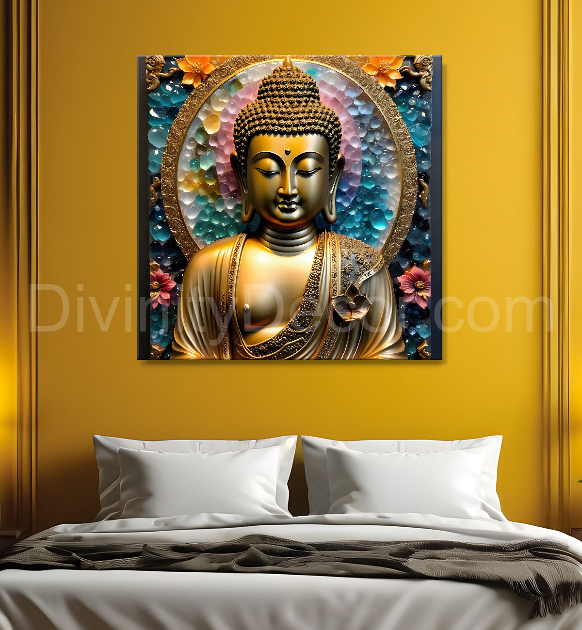 Lord Buddha Rasin art marble finish Golden painting 24x24 inch Buddha-S-163