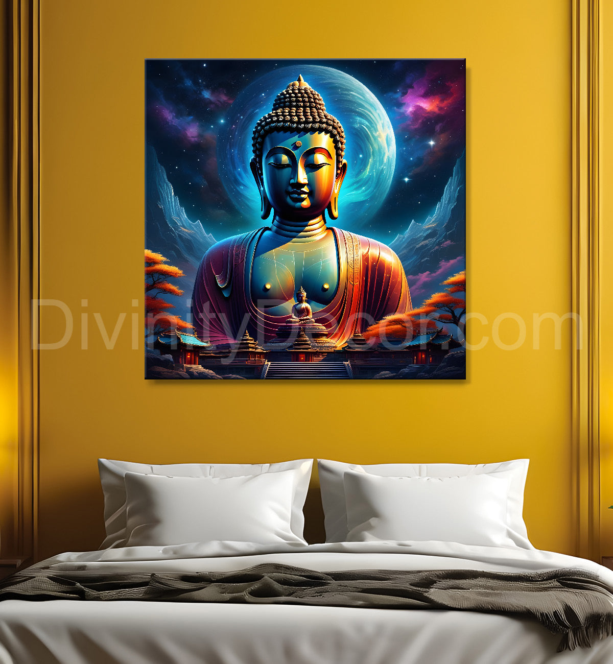 Golden buddha statue with cosmic light in background painting 24x24 inch Buddha-S-180